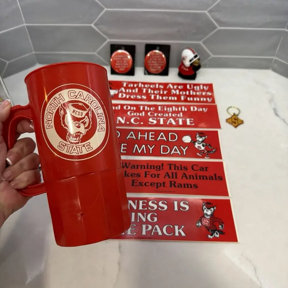 Vintage NC State Wolfpack Fan Lot Mug Decals Pins Clip On Mascot Figure NCSU